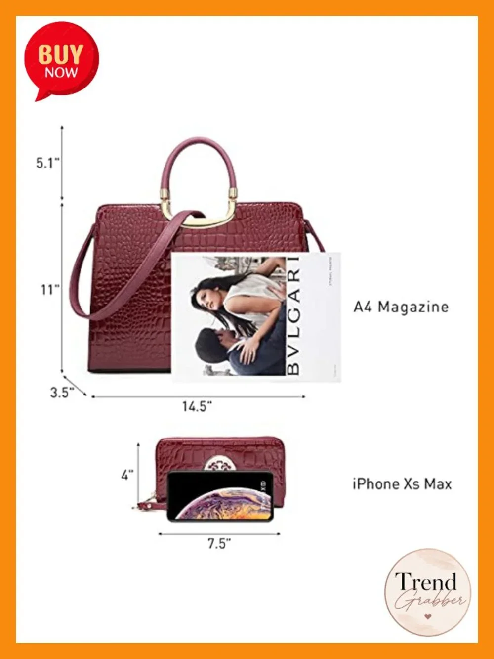 Vegan PU Croco Textured Satchel with Matching Wallet Work Bag